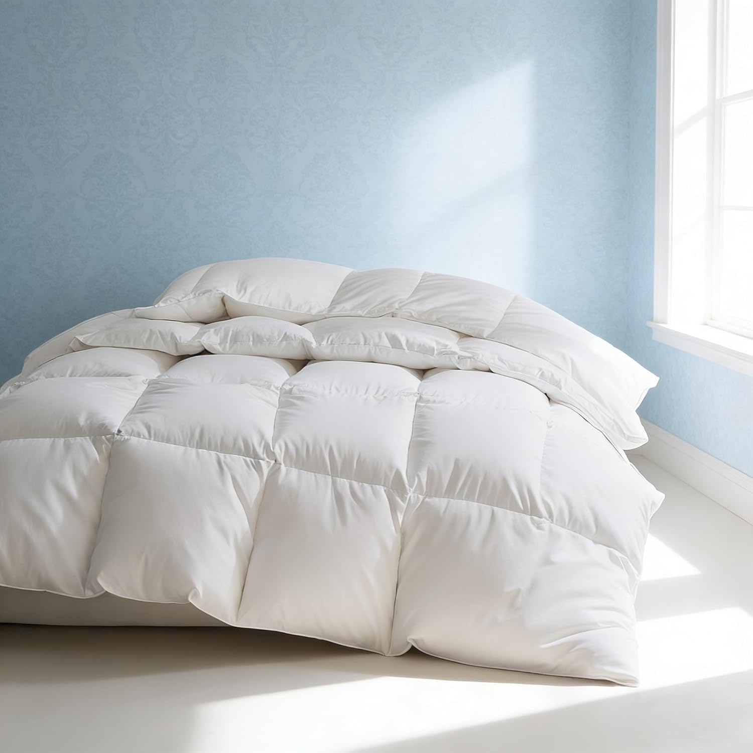 Detalle de Martha Stewart Queen Comforter, Goose Feather & Down Fiber, Cotton Cover, All-Season Medium Warmth