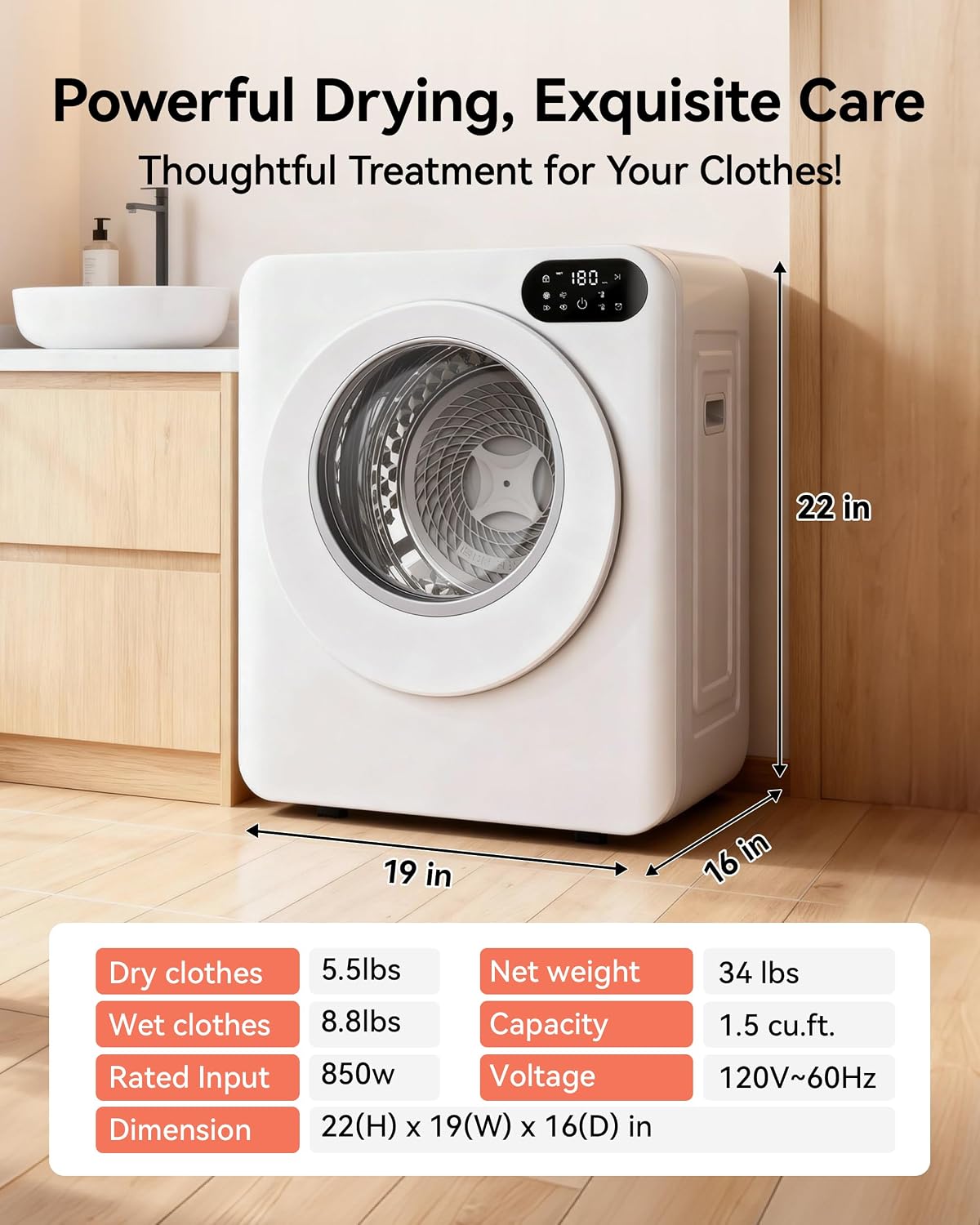 Detalle 2 de EUHOMY CD008-150WH Portable Electric Clothes Dryer, 1.5 Cu. Ft., 850W