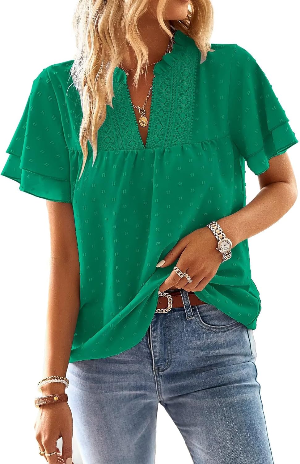 Thumbnail 5 de TUUHAW Damen Boho-Bluse mit V-Ausschnitt und Spitze – kurzarm, locker geschnitten