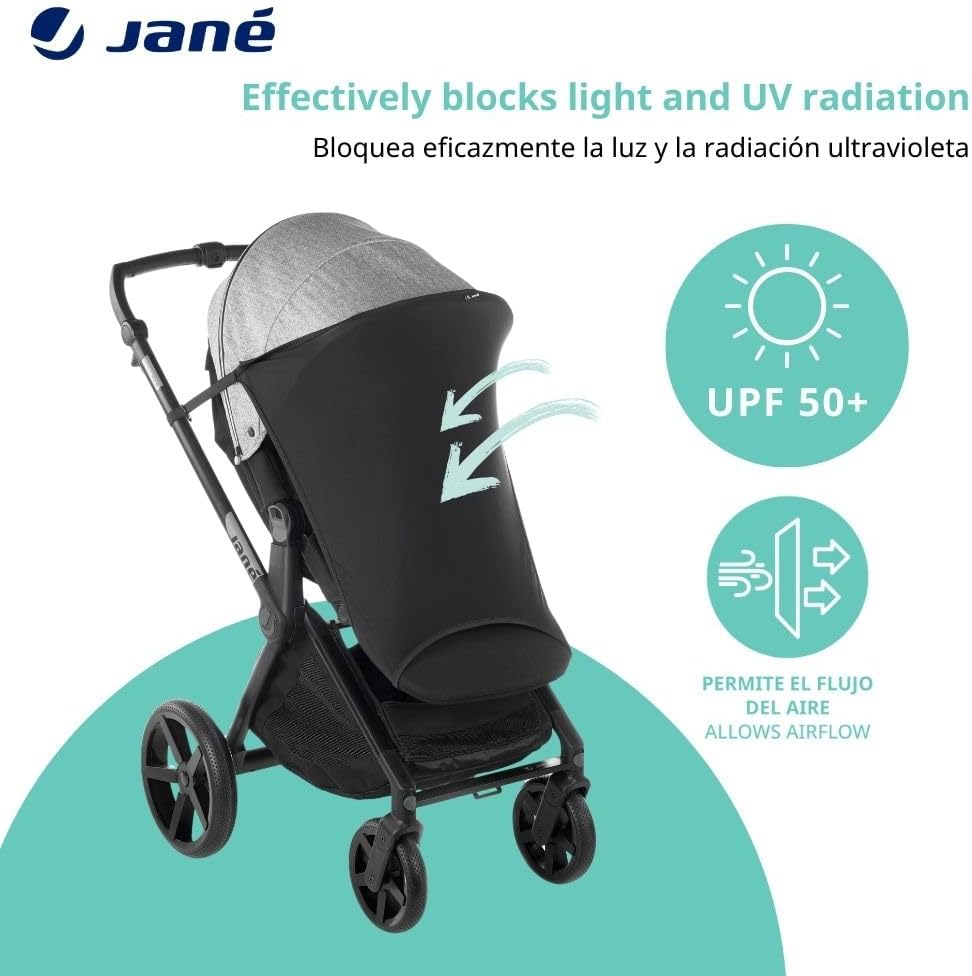 Detalle de Jané Protection Solaire Poussette UPF 50+ — Universelle, Élastique et Respirante (Noir)