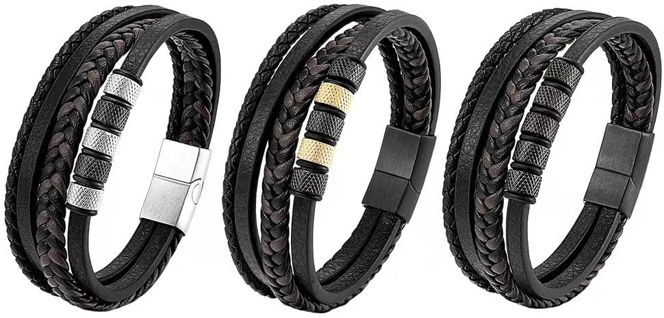 Detalle de JSNOM Herren Lederarmband aus echtem Rindsleder mit 316L-Edelstahl – geflochten, in Silber/Schwarz/Gold