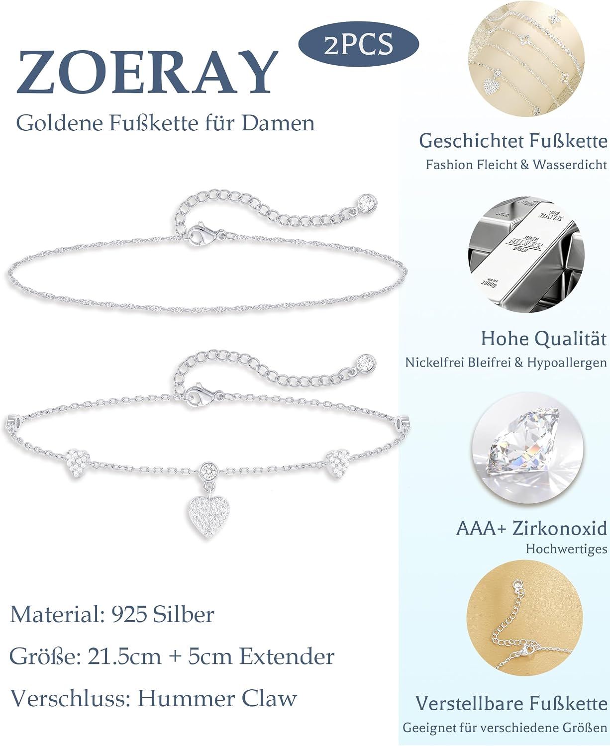 Detalle de ZOERAY Fußkettchen Damen Silber 925 Gold Verstellbar – Doppelkette mit Zirkon, Perlen, Schmetterling und Herz