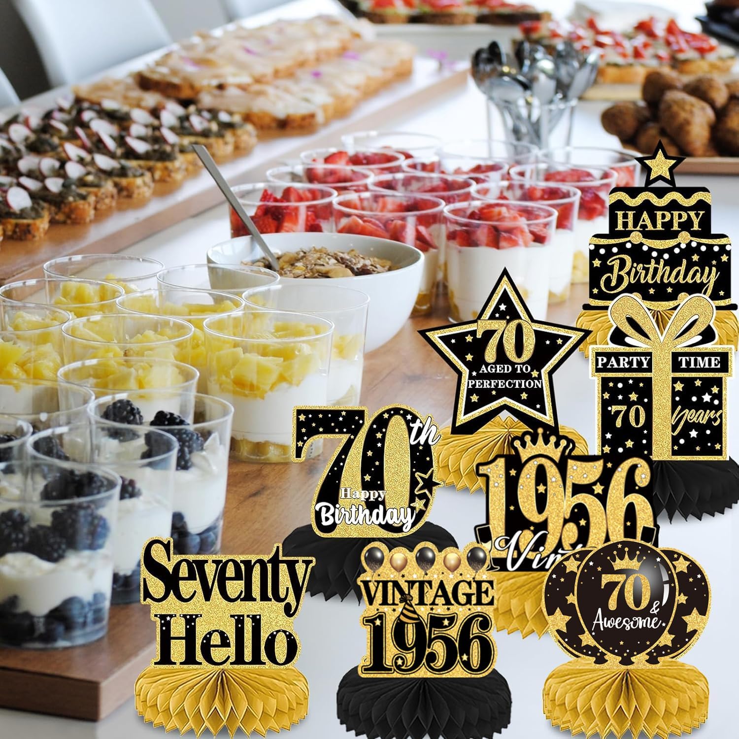 Detalle de Luvart 70th Birthday Decorations – Black and Gold Table Decorations (9pcs) with Vintage Honeycomb Centerpieces