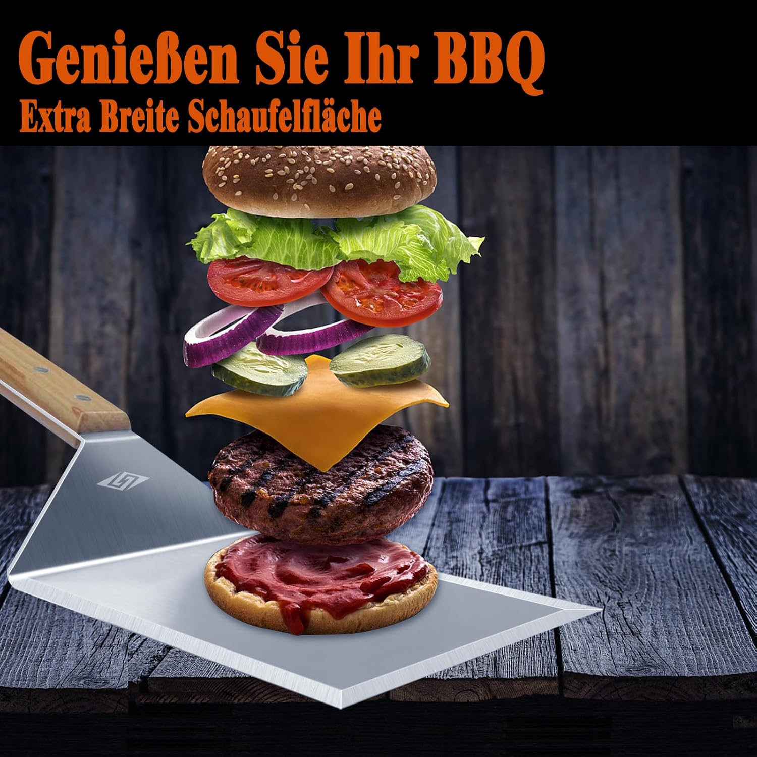 Thumbnail 2 de Ensemble d’outils de barbecue STEVEN-BULL : spatule inox pour plancha et teppanyaki (15,5 x 13,5 cm) avec manche en bois