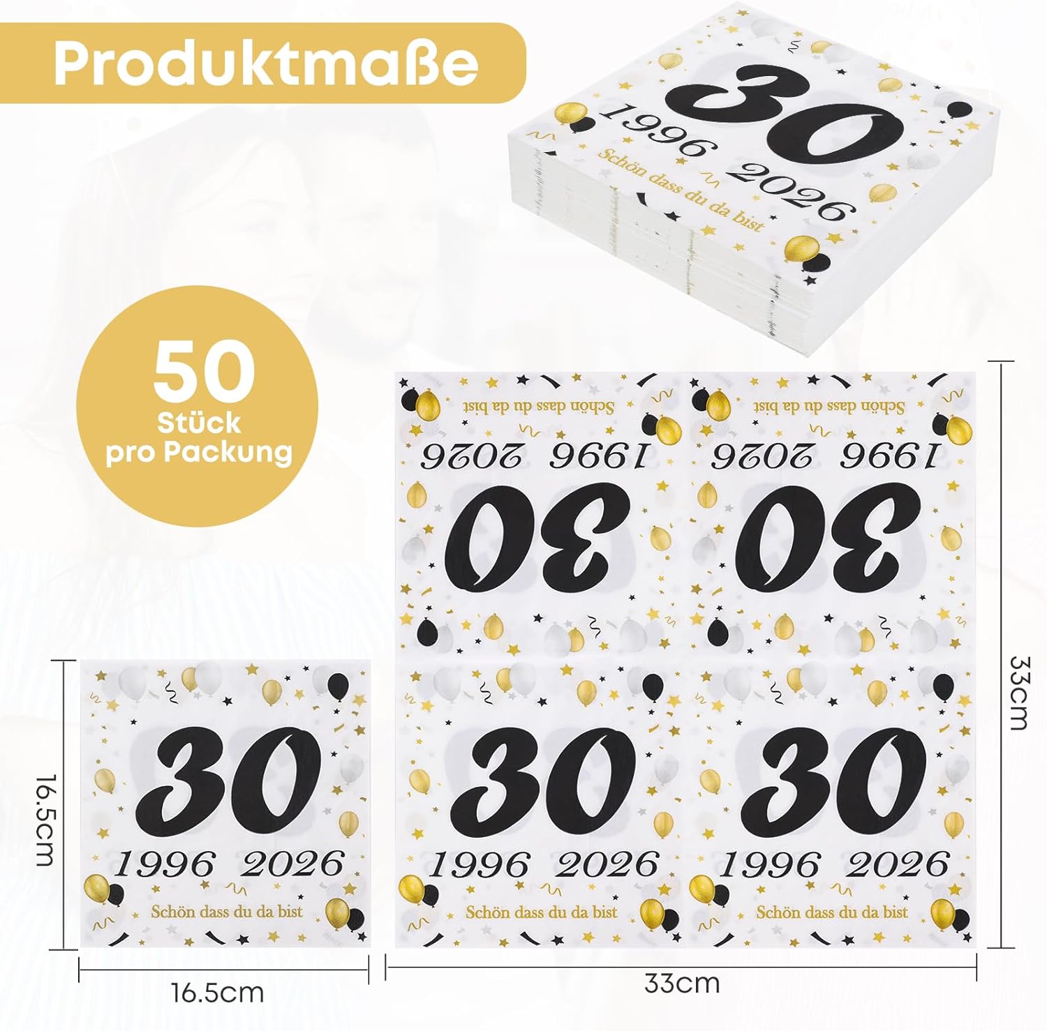 Thumbnail 1 de Seutgjie 50 Stück Servietten 30. Geburtstag – Schwarz Gold Dekor, 1996–2026