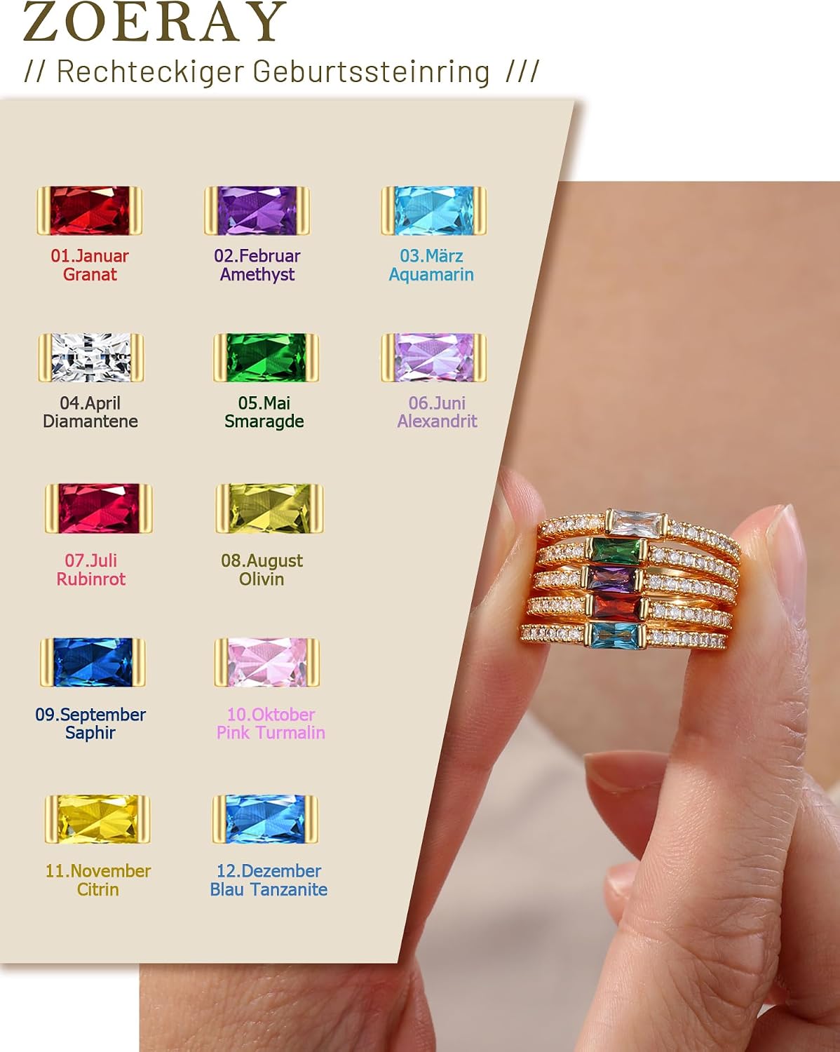 Detalle de ZOERAY Damen-Ring Gold wasserfest mit Geburtsstein (Aquamarin, Citrin, Peridot) und Zirkonia – 18K vergoldet, stapelbar