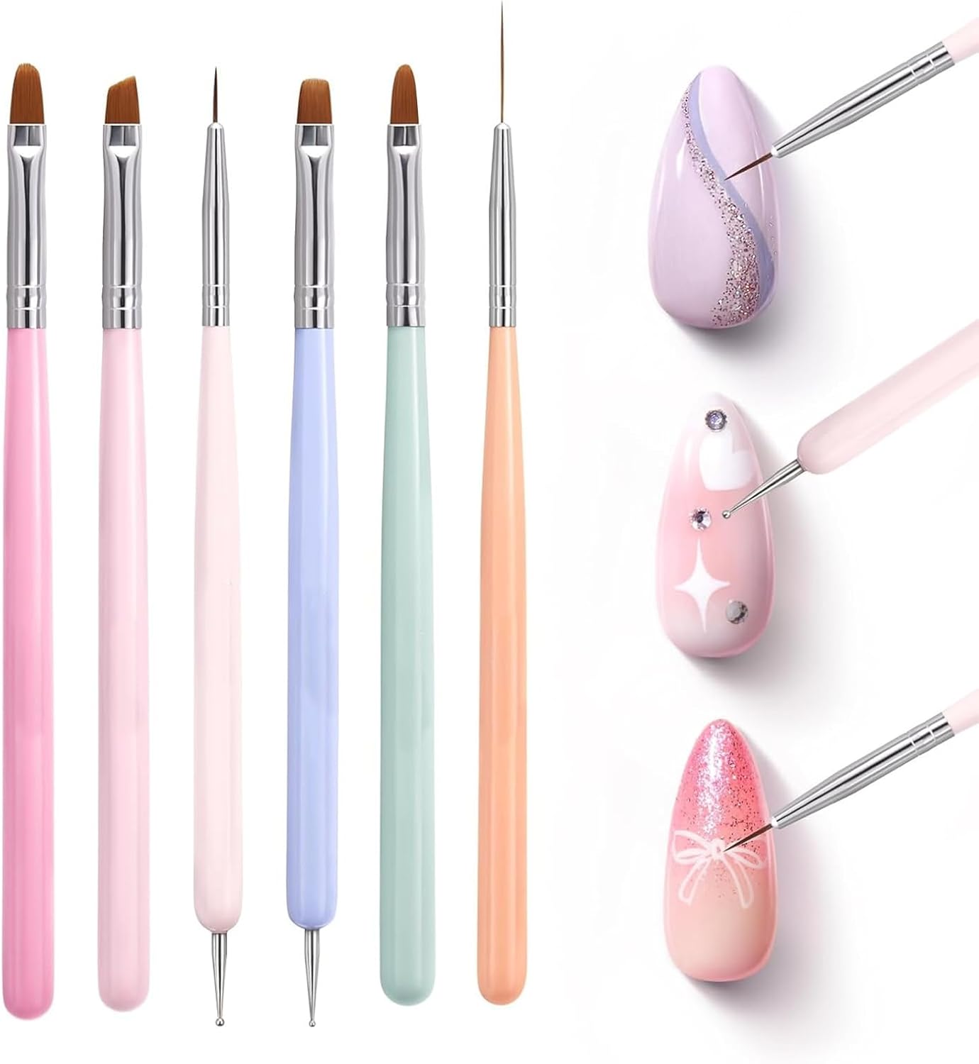 flintronic Kit de pinceaux nail art à double pointe (lot de 6) : stylo à pointiller et pinceaux liner ultra fins 2 en 1