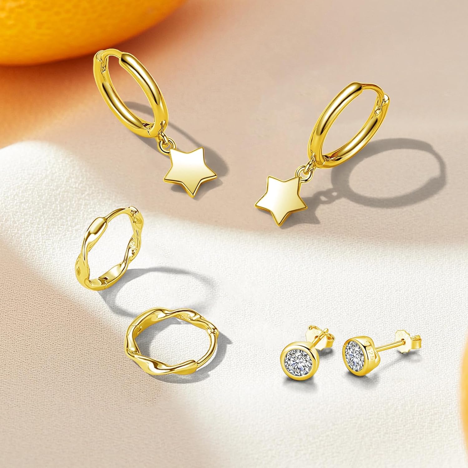 Detalle de Kamise Ohrringe Silber 925 – Set mit 3 Paar Ohrringe (Stirn, Creolen, Stern) für Damen