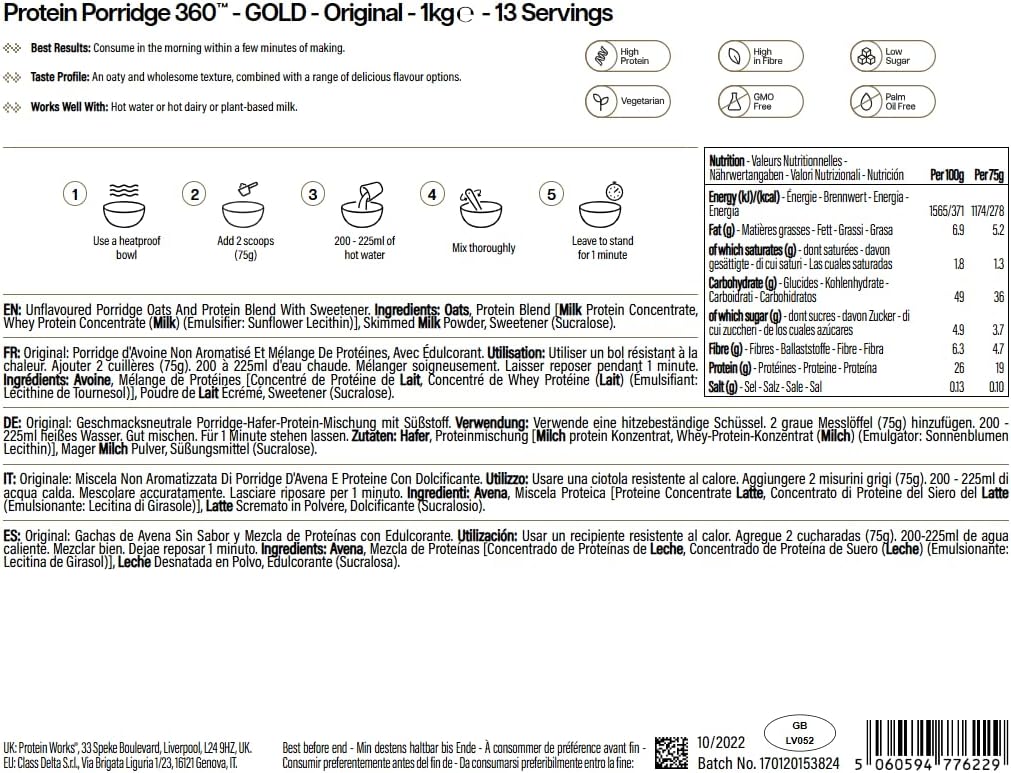 Detalle 2 de Protein Works Protein Porridge 360 – GOLD Innovation (1 kg, 13 Portionen) mit Vitaminen & Mineralien