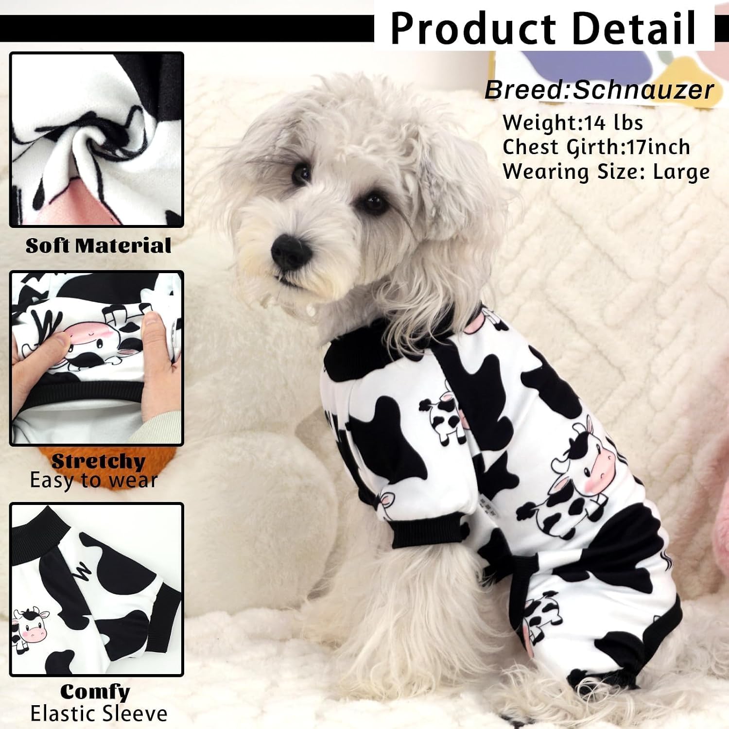 Detalle de XPUDAC Medium Cow-Print Dog Pajamas, Stretchy Four-Leg Pet Jumpsuit