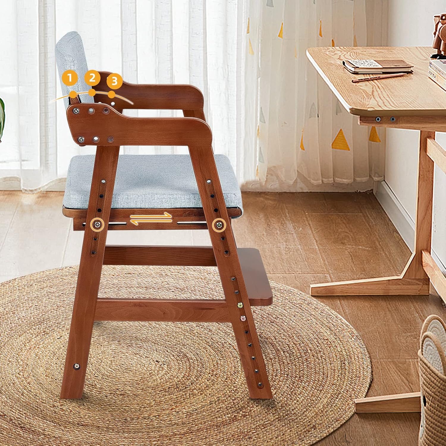 Thumbnail 3 de Ezebaby Chaise haute en bois de hêtre pour enfant (couleur Noyer) – 6 hauteurs, dossier 3 positions, jusqu’à 90 kg