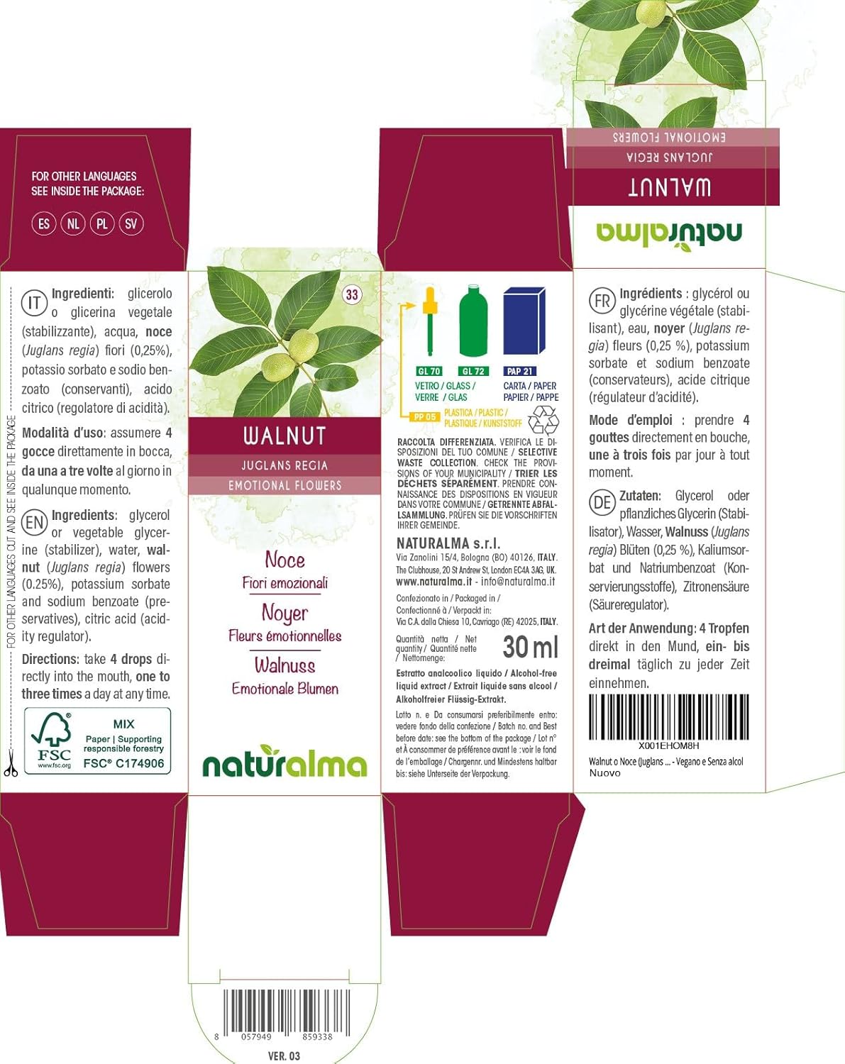 Detalle 2 de Walnut o Noce (Juglans regia) Fiori emozionali Naturalma – Gocce 30 ml, estratto liquido alcol-free