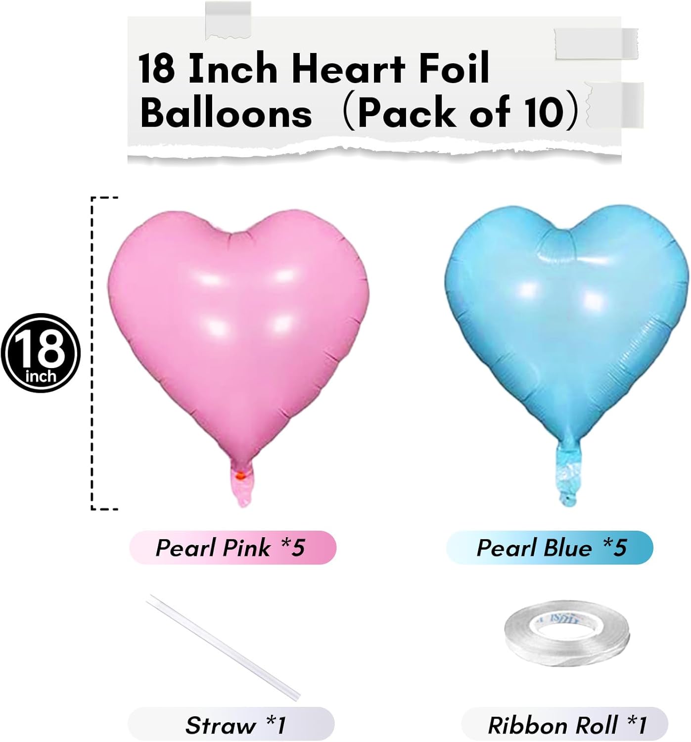 Thumbnail 1 de Pink Blue Heart Balloons, 18 Inch Foil Heart Balloons — 10-Pack Set (5 Pink, 5 Blue) with Ribbon