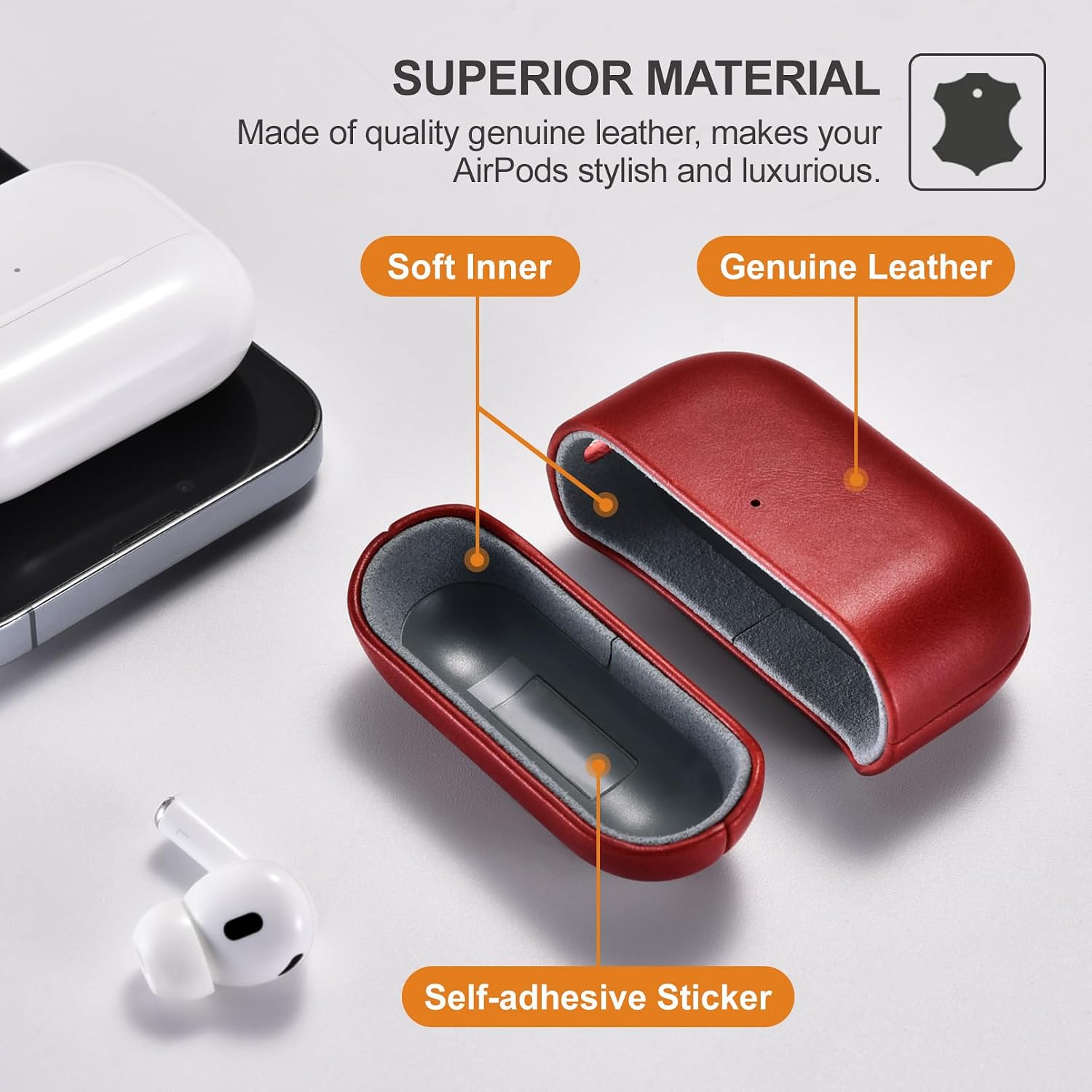 Thumbnail 2 de ICARER-hoesje van echt leer voor AirPods Pro 3 2025, rood met zichtbare led
