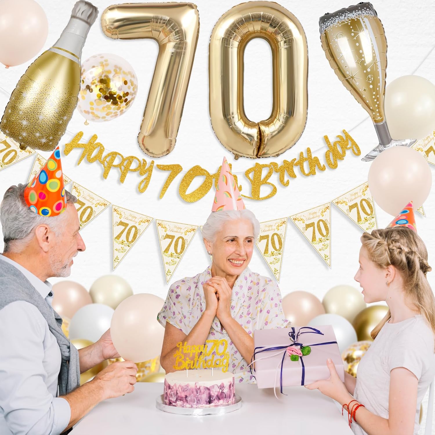 Thumbnail 4 de 70th Birthday Decorations Kit with “Happy 70th Birthday” Banner, 70 Foil Number Balloon & Confetti Balloons
