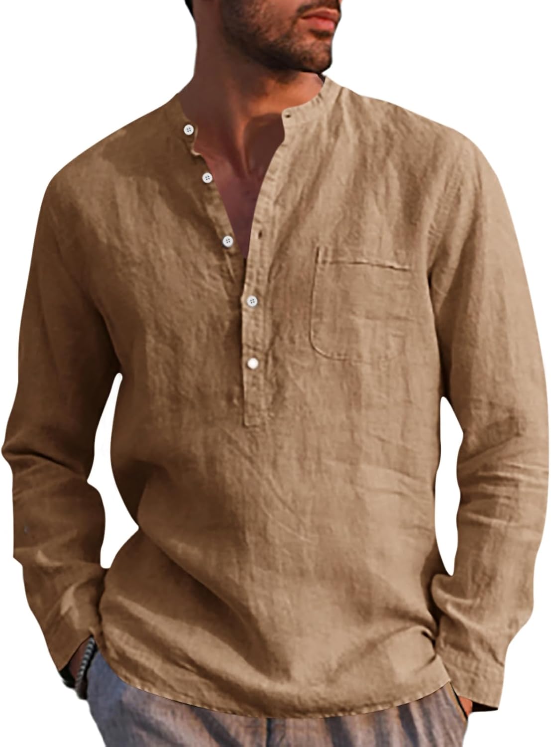 Thumbnail 4 de Runcati Herren Leinenhemd Langarm aus Baumwolle – klassischer Henley Kragen, Regular Fit