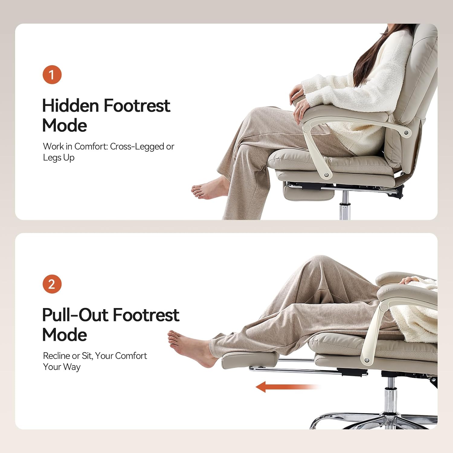 Thumbnail 6 de EMIAH Ergonomischer Bürostuhl mit Fußstütze – Mid-Back, PU-Leder, bis 150 kg, Beige