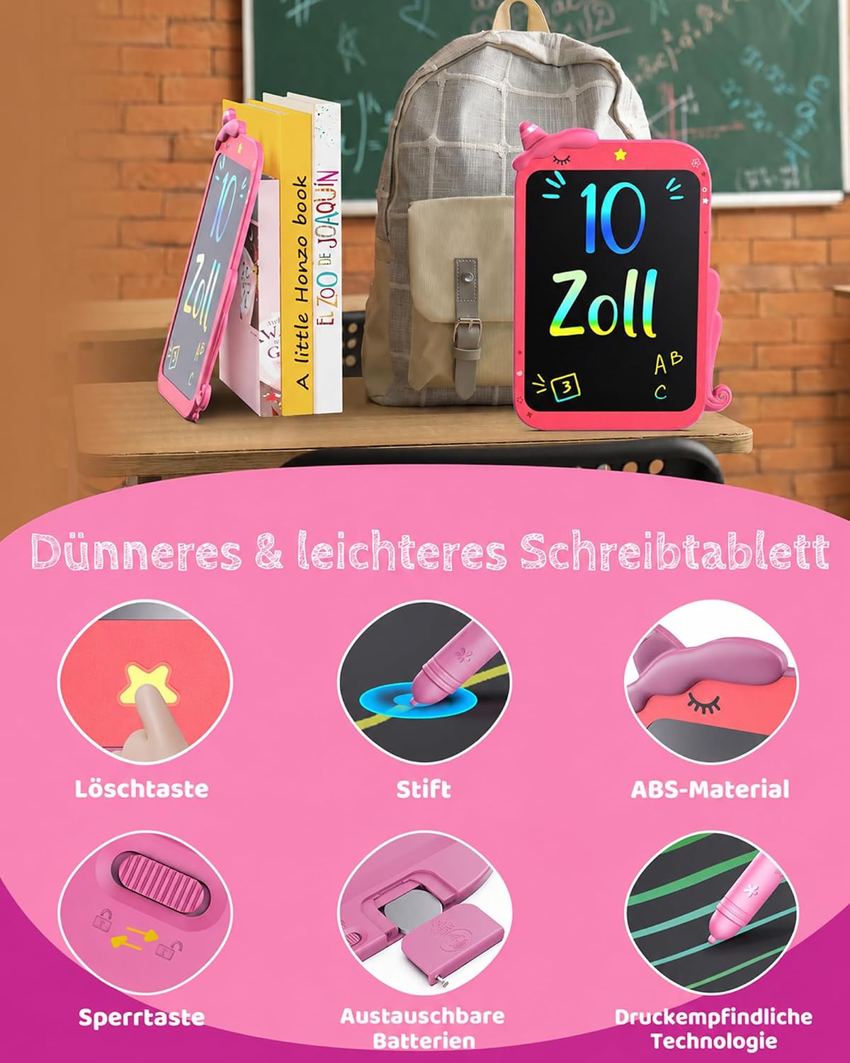 Detalle 2 de ORSEN LCD Schreibtafel 10 Zoll Unicorn – kreativ trägerfreundliches Lernspielzeug für Kinder ab 3 Jahren