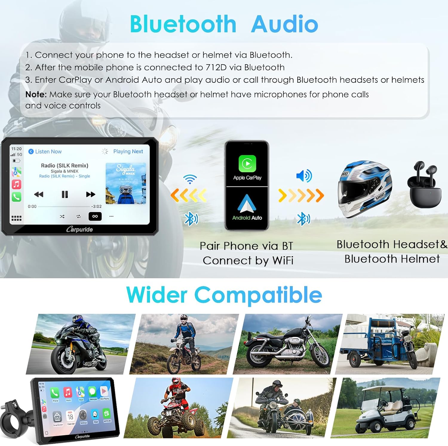 Thumbnail 4 de Carpuride W712D Motorrad CarPlay Bildschirm mit 7" Touch, 1080P Dual-Kameras & kabellosem CarPlay/Android Auto