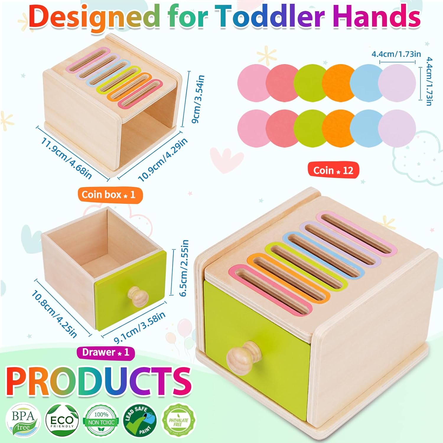 Thumbnail 4 de FCSONU Jouet Bebe 1–3 Ans : Jeu Montessori en bois avec tiroirs et pièces colorées
