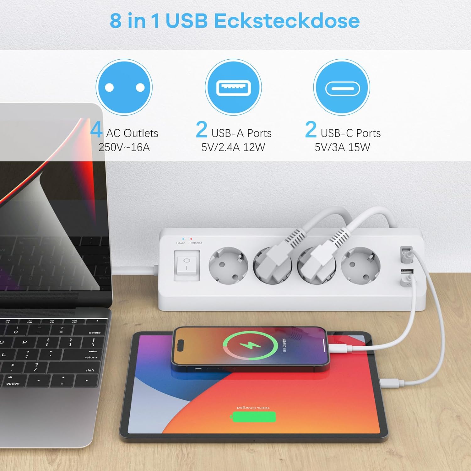 Detalle de 4 Fach Steckdosenleiste mit USB C – Ecksteckdose mit Schalter, 3 m Kabel