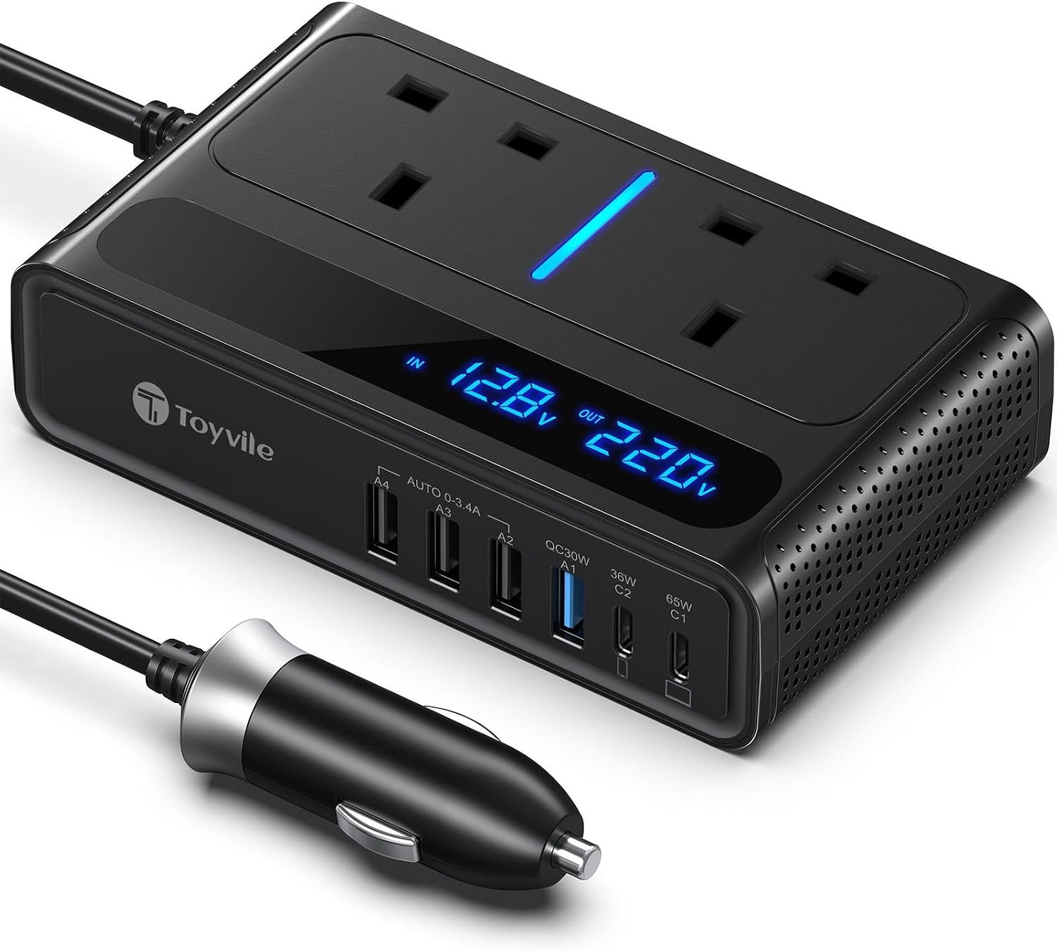 Detalle de 8 in 1 200W Car Power Inverter (12V to 240V/230V) with 2 AC Sockets, 4 USB & 2 Type-C