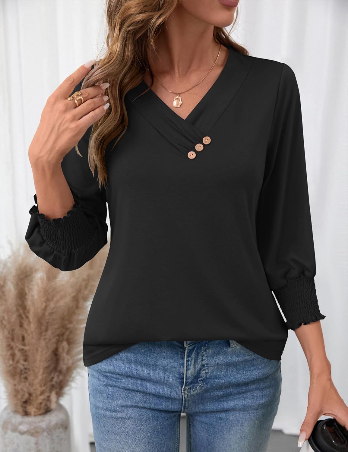 Thumbnail 2 de Rapbin Damen-Bluse mit 3/4-Arm, V-Ausschnitt und Knopfleiste – leichte Tunika für Sommer & Alltag