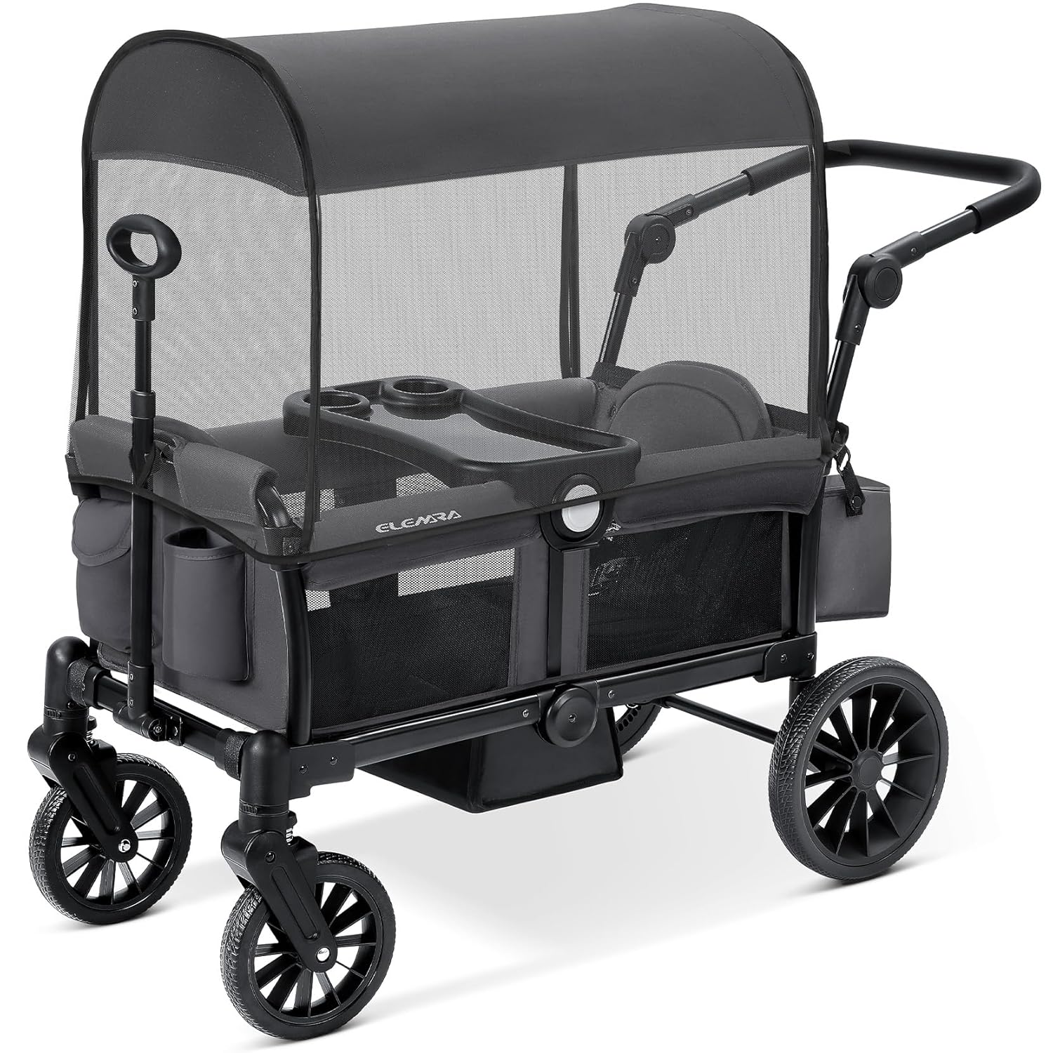 ELEMARA Foldable Wagon Stroller (for 2 Kids) with Removable Canopy, Adjustable Push/Pull Handle, Harnesses