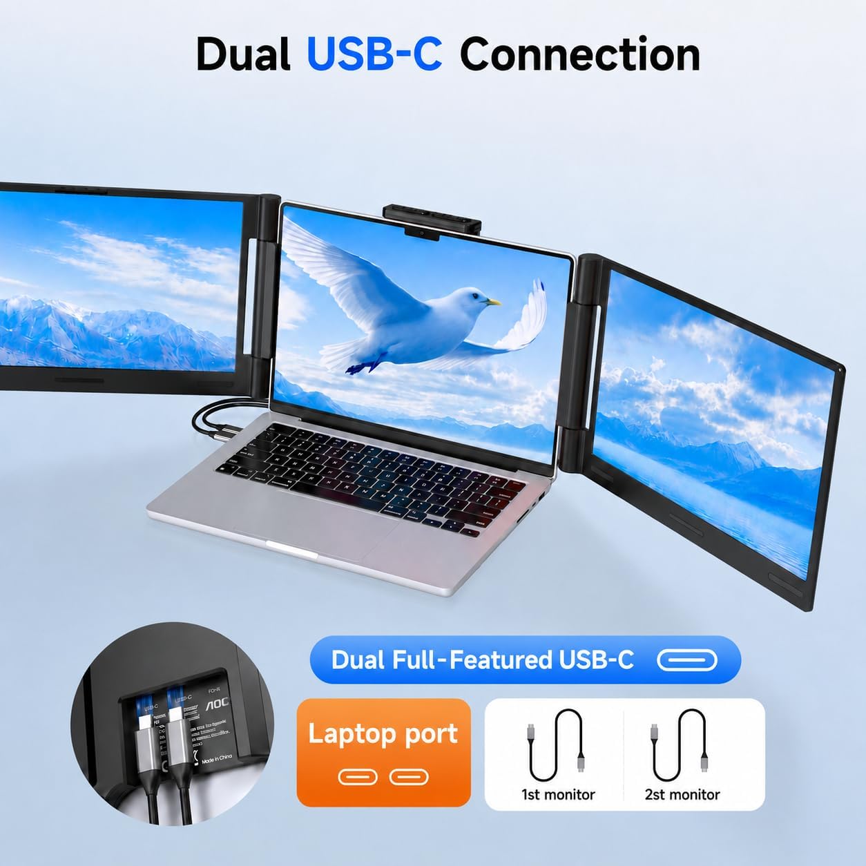Detalle de AOC 14" Laptop Screen Extender: Triple Portable Monitor for 13"–17.3" Laptops