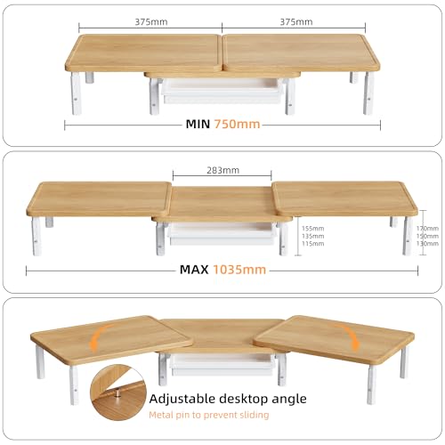 Detalle 2 de ETHU Dual Monitor Stand Riser with Drawer 75-103.4cm, Oak