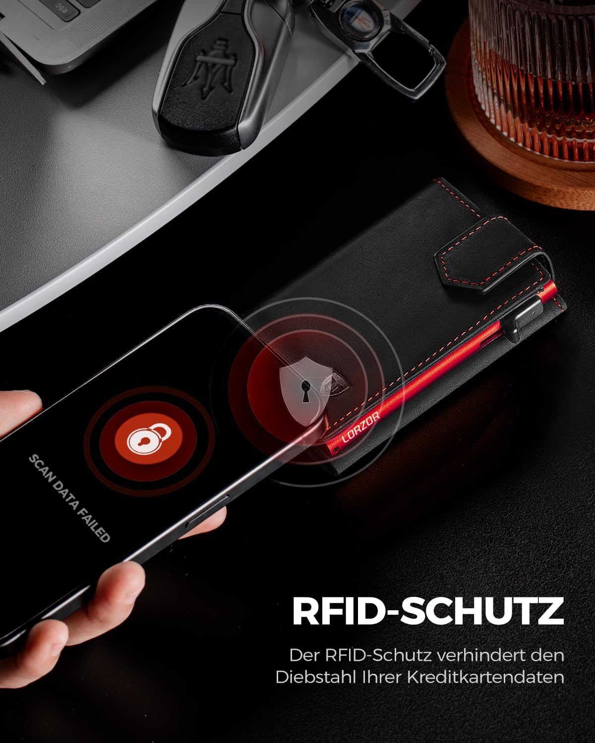 Thumbnail 5 de LORZOR Kartenetui mit Magnetverschluss & RFID-Schutz (rot) – Slim Wallet mit Münzfach für bis zu 10 Karten