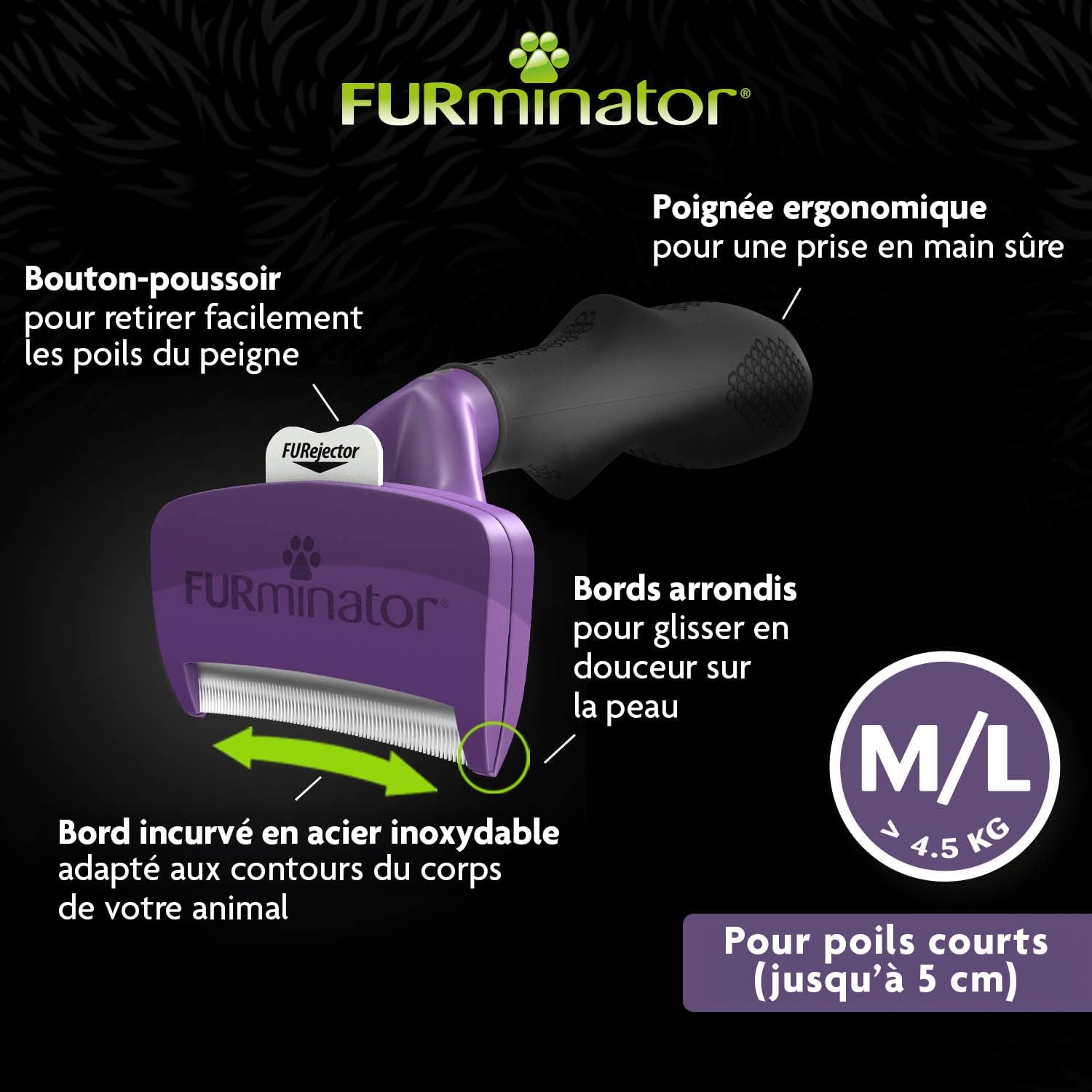 Detalle de FURMINATOR Outil de Toilettage pour Chat à Poils Courts — TMassive M/L, Poils Morts Éliminés 90 %, Manche Ergonomique, Nettoyage en 1 clic