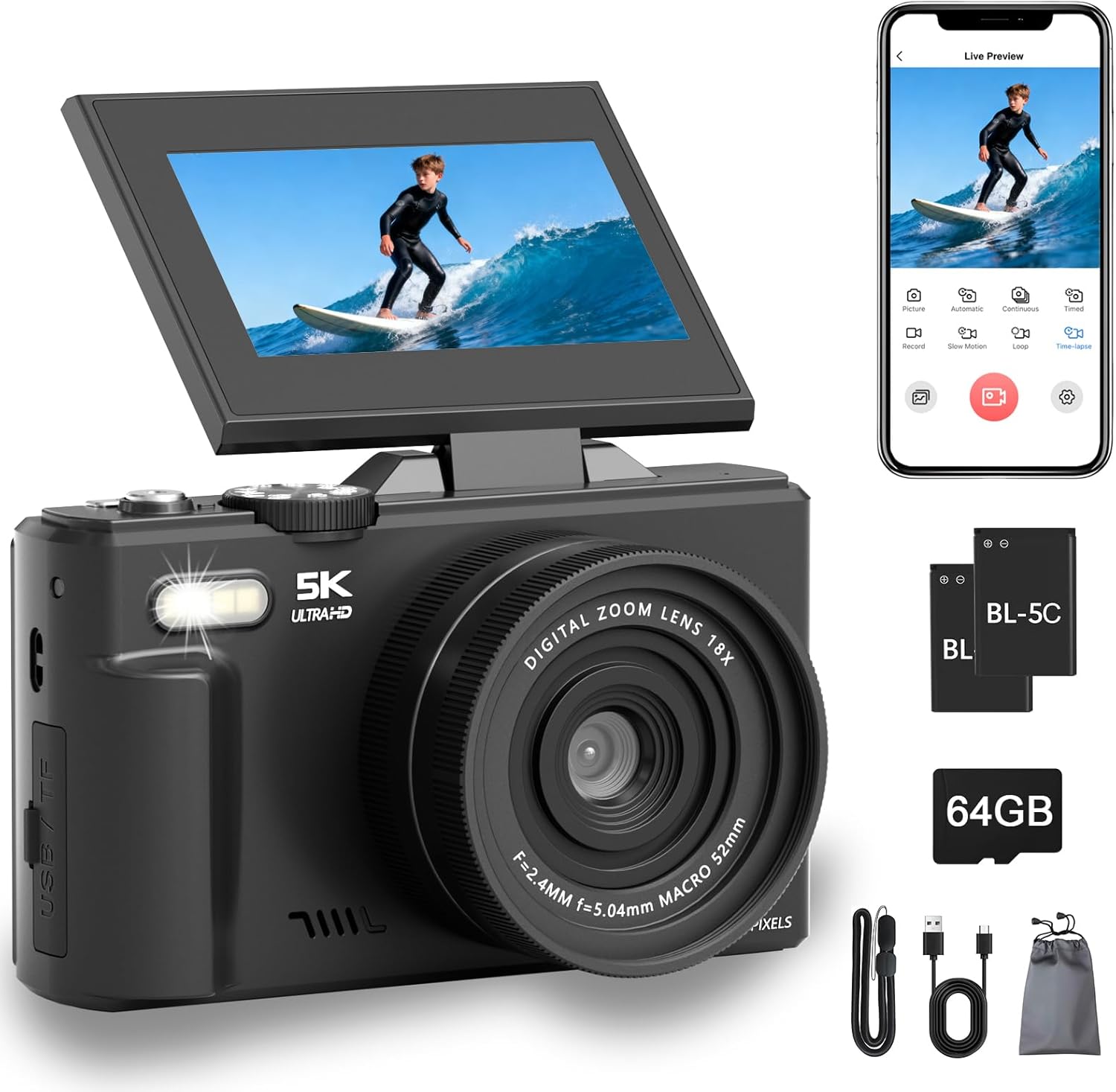 Imagen de EYEPICK 5K Digital Camera (75MP) with 180° Flip Screen, WiFi & 18X Zoom, 64GB Kit – Black en OfertitasTOP