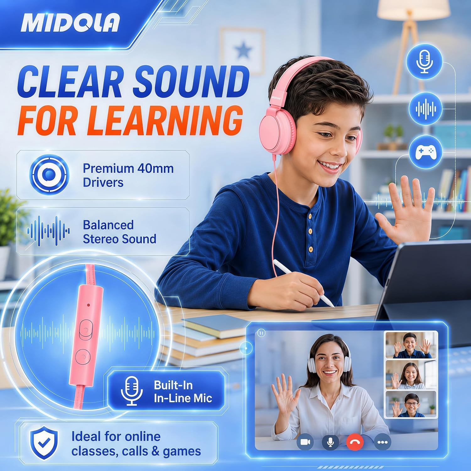 Detalle 1 de Midola Kids Headphones with 85/94dB Volume Limit