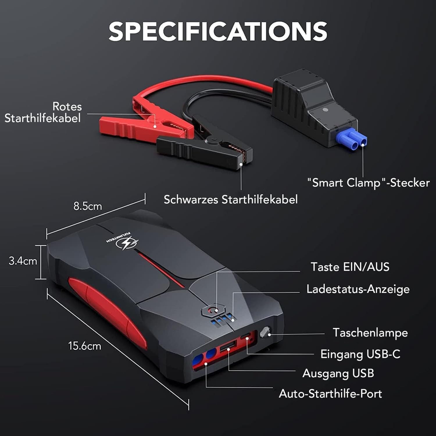 Thumbnail 6 de FLYLINKTECH Starthilfe Powerbank für Pkw 4000A, 12V Tragbare Auto Starthilfe（Bis zu 9L Benzin/8.5L Diesel, IP67 Wasserdicht Starter Powerbank mit Starthilfekabel, LED, USB-Ausgang und USB-C-Eingang
FLYLINKTECH Starthilfe Powerbank für Pkw 4000…