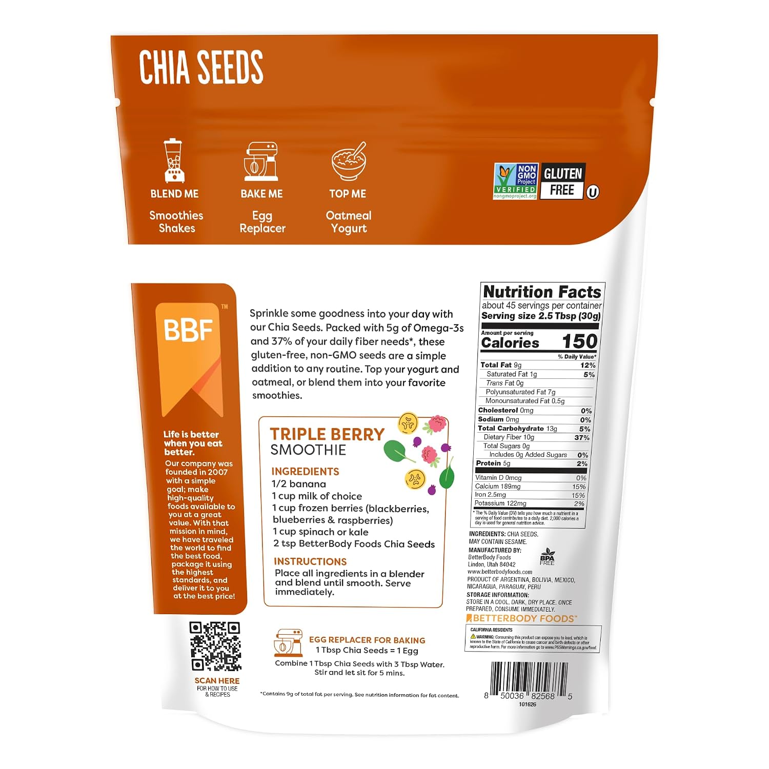 Detalle de BetterBody Foods Chia Seeds, 3 lb, Omega-3s and Fiber