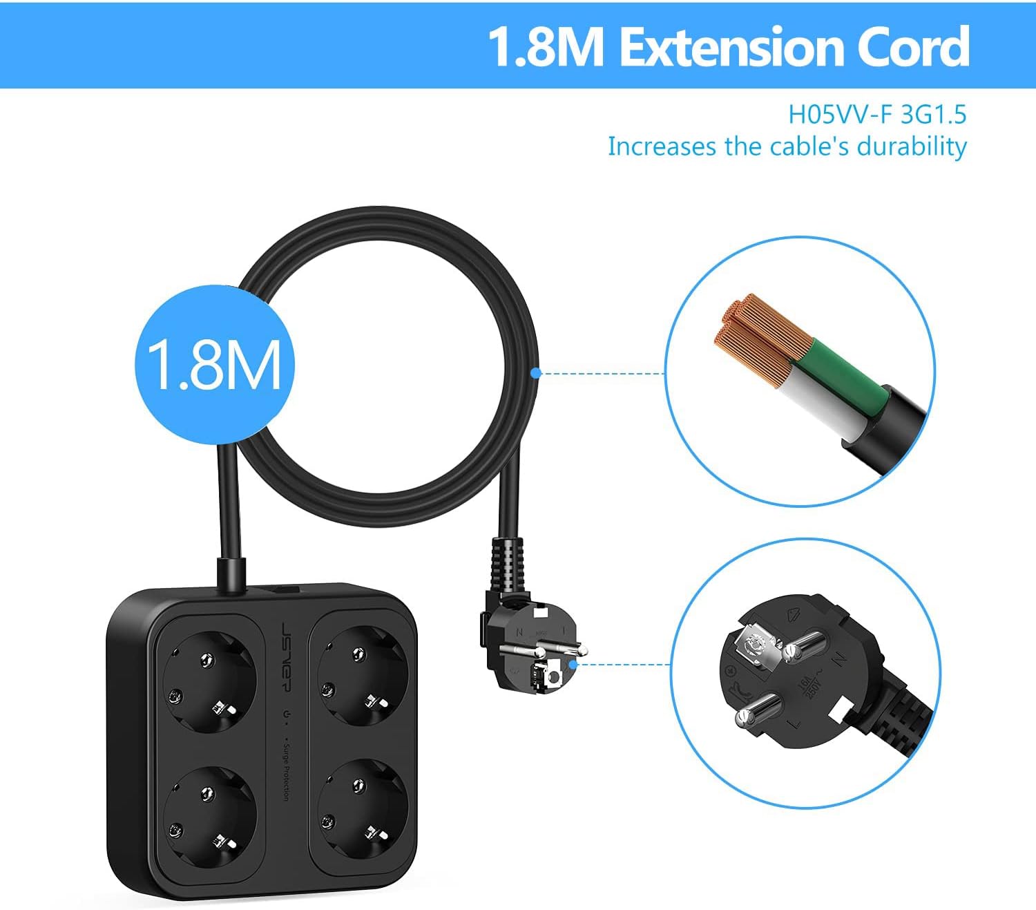 Detalle de JSVER 8-in-1 Steckdosenleiste mit 4 Fach, 3× USB-A + 1× USB-C, Schalter und Überspannungsschutz (1,8 m) – Schwarz