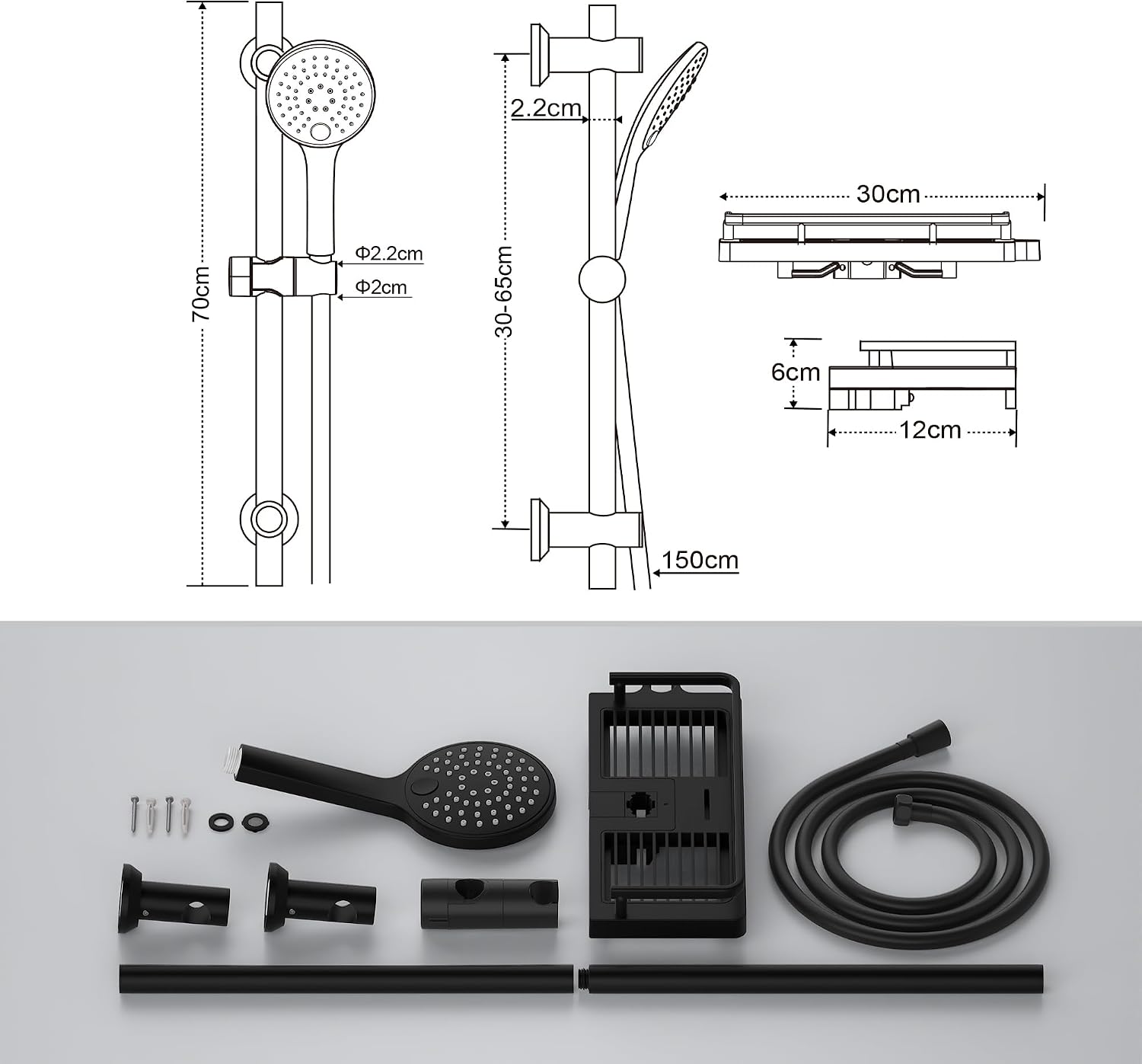 Detalle 2 de Görbach Asta Doccia Nera 70 cm – Colonna Doccia INOX a Parete con Doccetta a 3 Getti e Mensola XXL