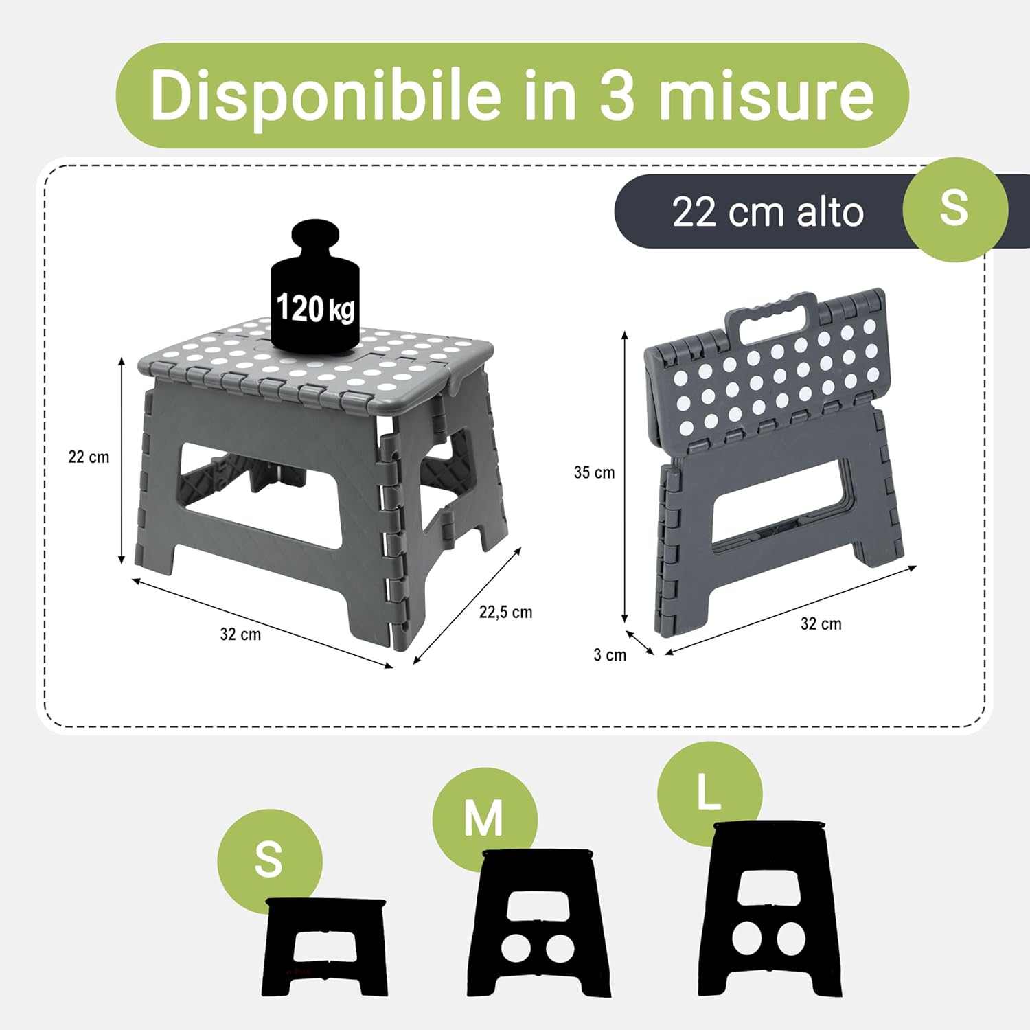 Thumbnail 1 de ZOLLNER sgabello pieghevole 22 cm grigio: scalino/sgabellino compatto per casa e campeggio