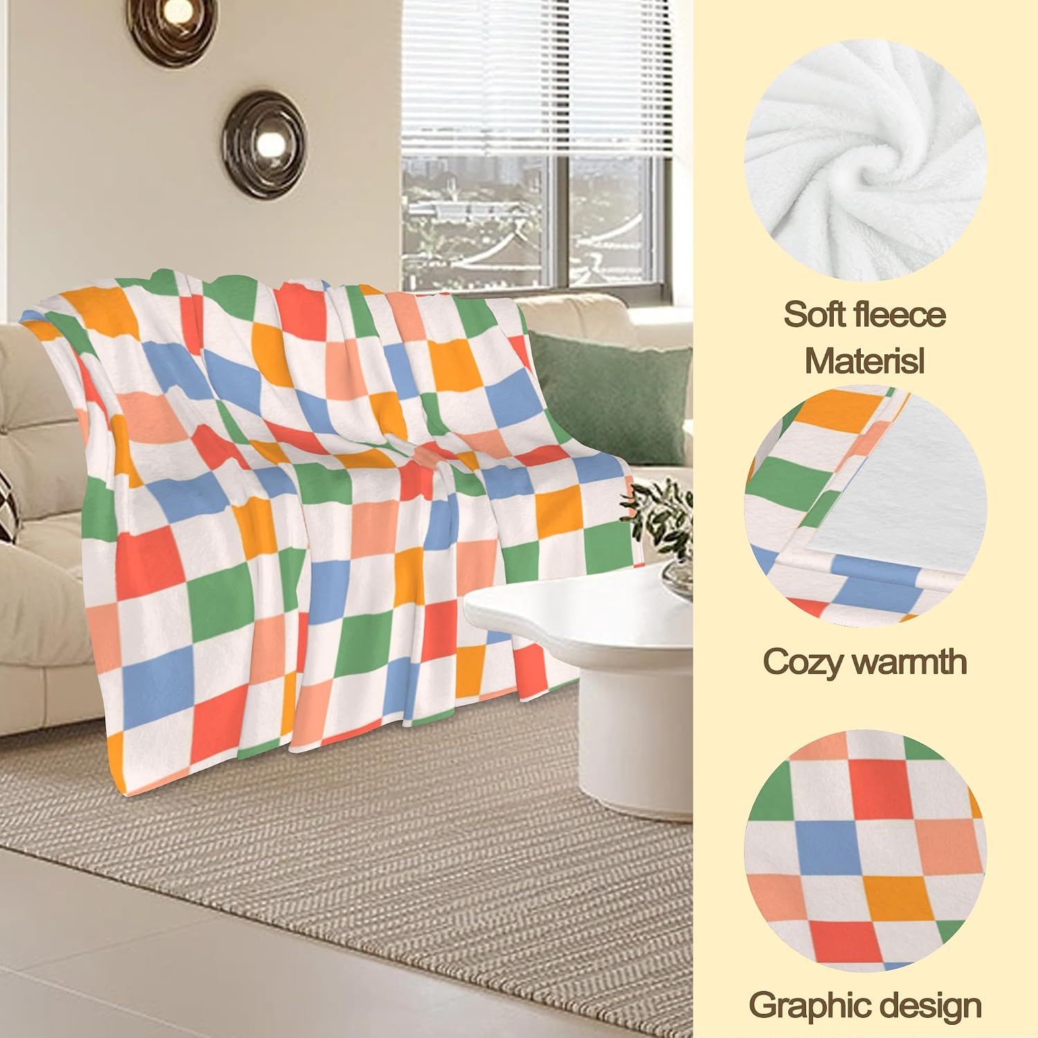 Thumbnail 2 de HUSITI Colorful Checkered Retro Wavy Flannel Blanket Throw — 50x60 inches