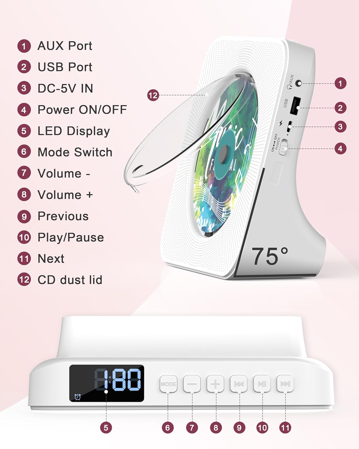 Thumbnail 5 de Greadio Portable CD Player with Bluetooth 5.0, LCD Display, Remote Control, FM Radio, AUX & USB