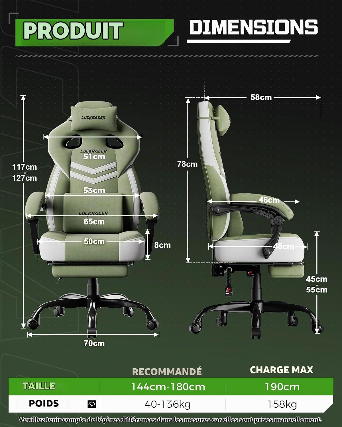 Detalle 2 de LUCKRACER LR408 gamingstoel met traagschuim, voetensteun en groene stoffen bekleding
