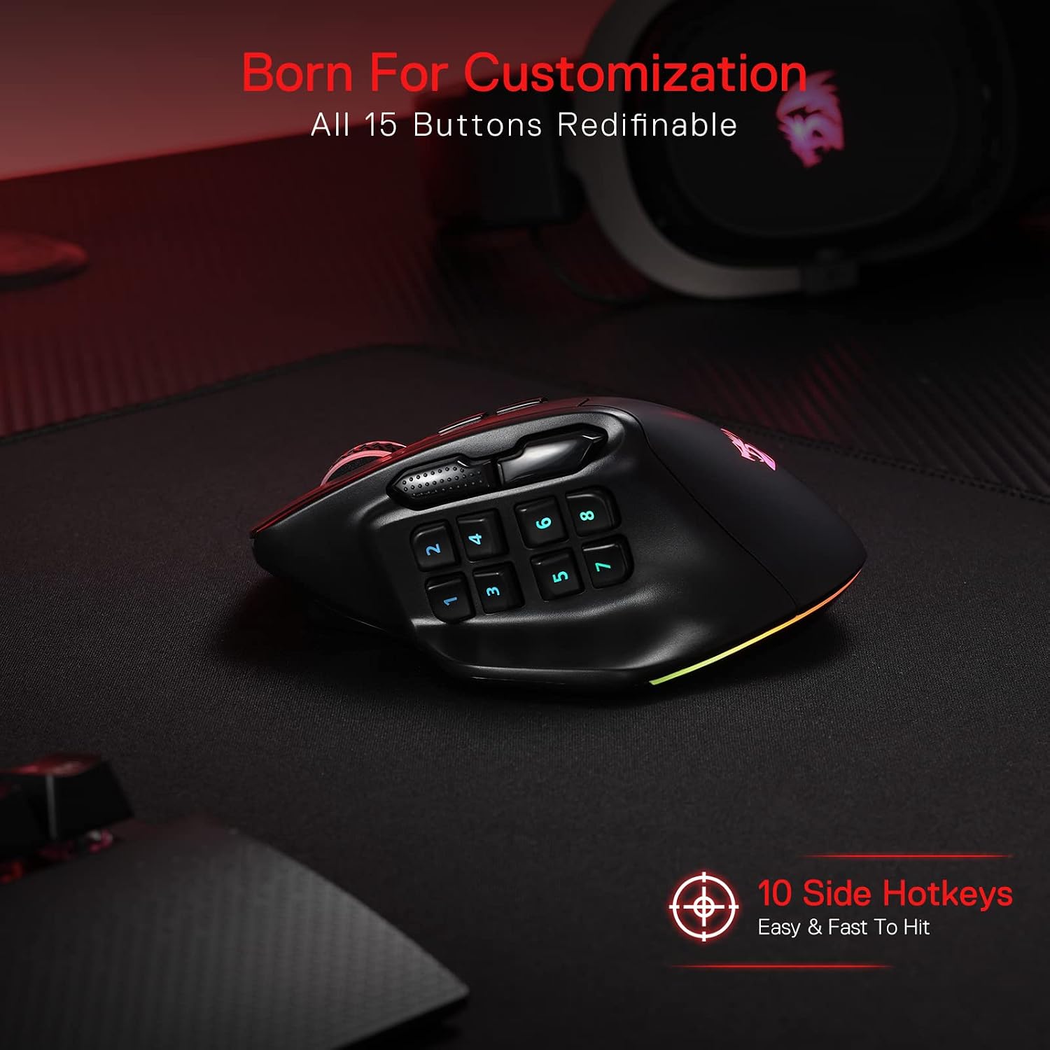 Thumbnail 3 de Redragon M811 Pro Souris de jeu MMO sans fil : 15 boutons programmables et RVB