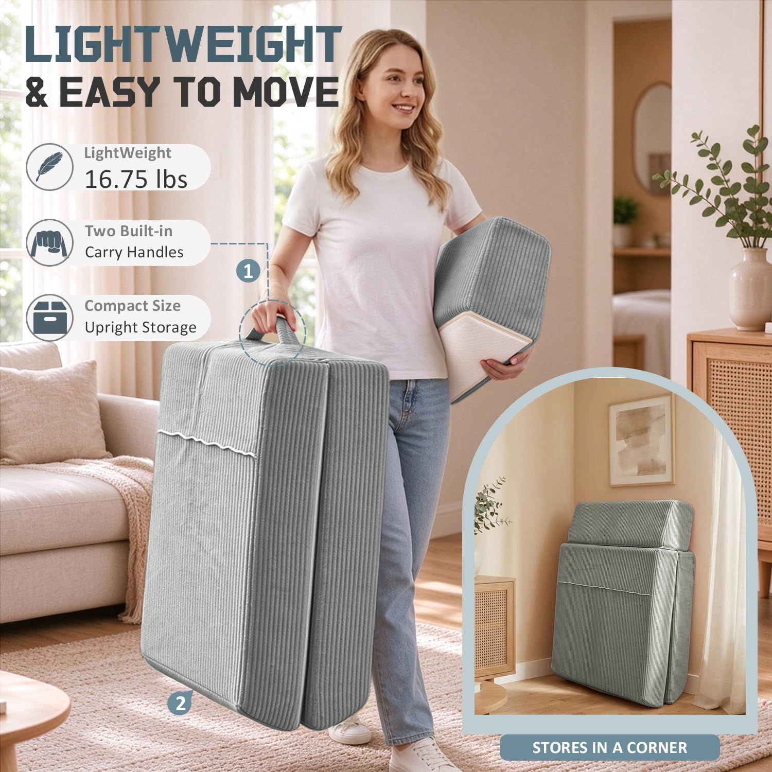 Thumbnail 3 de Trenda Folding Chair Bed, 3-in-1 Convertible Sleeper Chair, Cloudy Grey