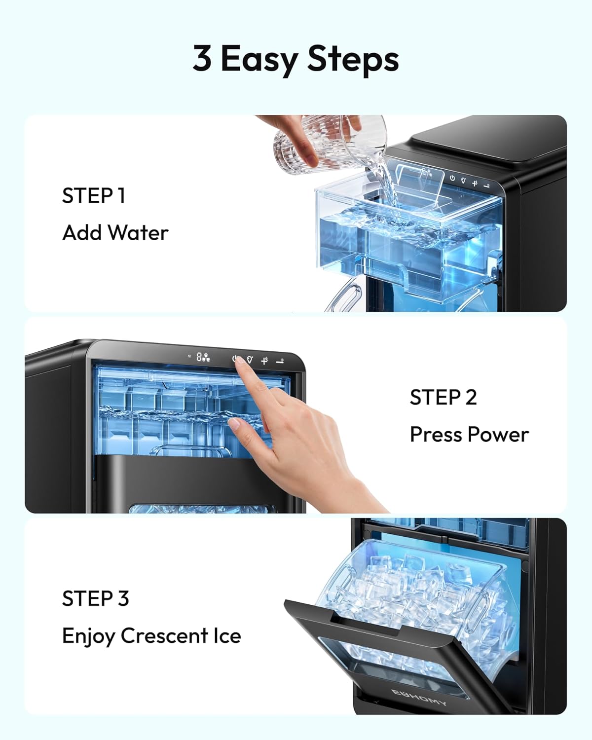 Detalle 2 de EUHOMY IM018-LBS-USEH Crescent Ice Maker, 16 Cubes in 12 Minutes, Adjustable Thickness