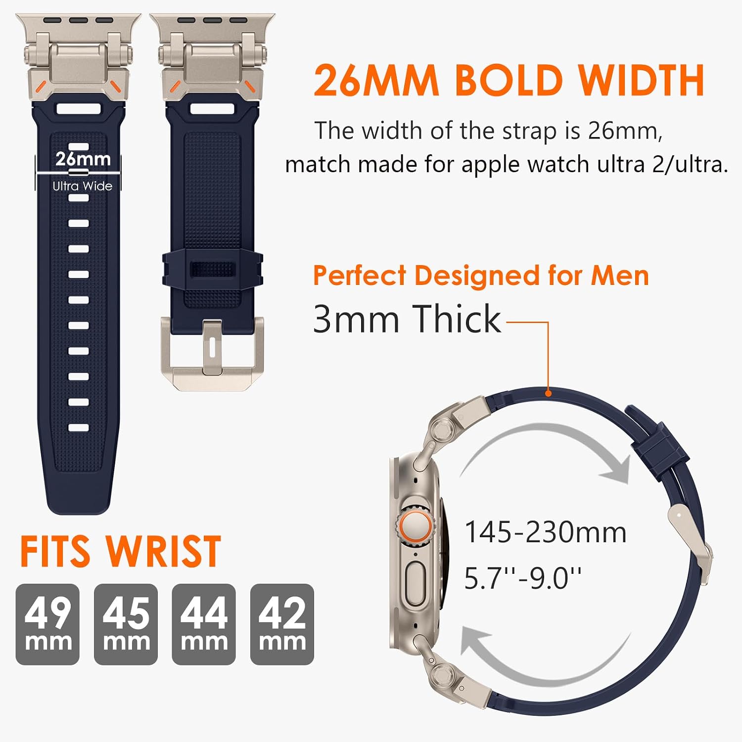 Detalle de Fullife silicone Apple Watch sport strap with stainless steel connector (blue, titanium-style connector) for 42–49mm