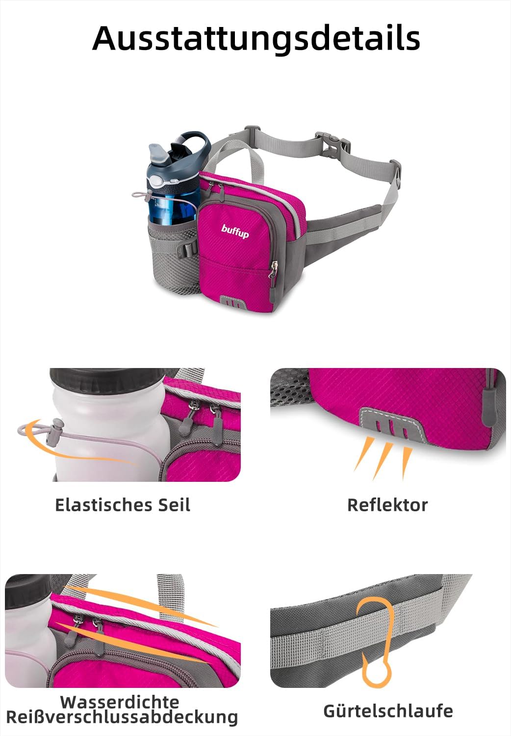 Thumbnail 2 de buffup® Bauchtasche mit Flaschenhalter – leichte Gürteltasche für Outdoor, Hundetraining, Radfahren & Sport