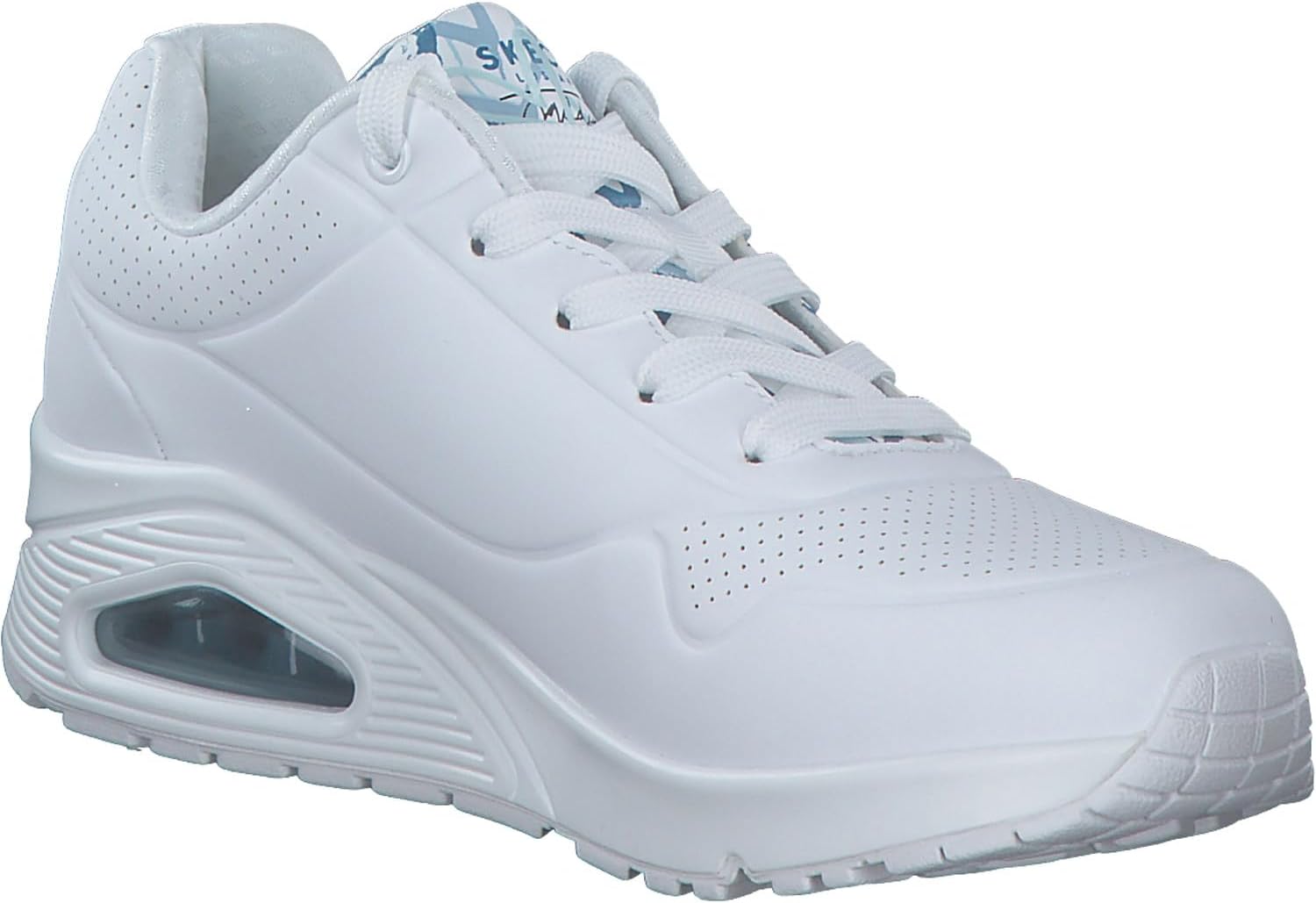 Detalle de Skechers Damen UNO Spread the Love Trainer – White Duraleather, Blue Heart Print Trim, Größe 39 EU