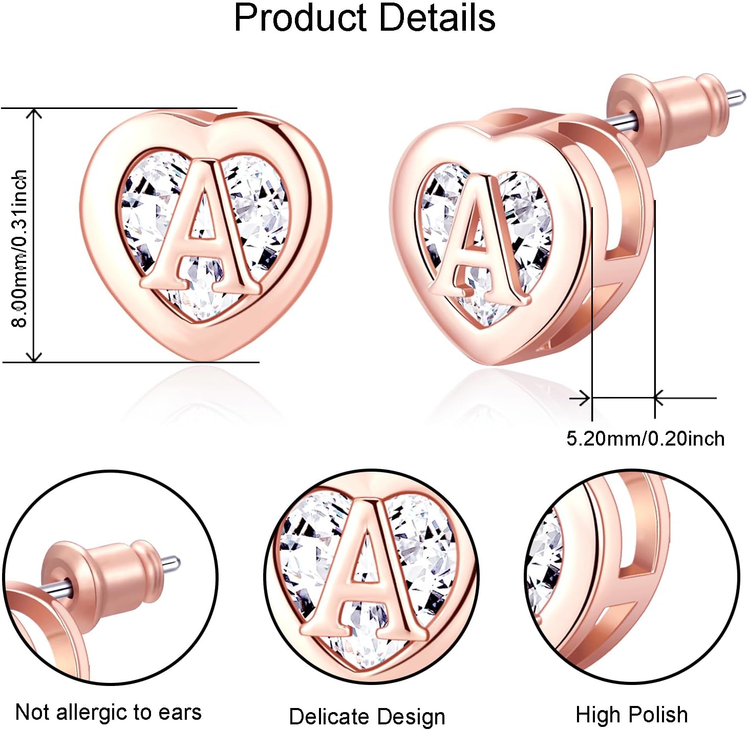 Detalle 2 de Herz Initial Ohrstecker 14K Gold/Rose Gold plattiert – Initialen-Schmuck für Damen