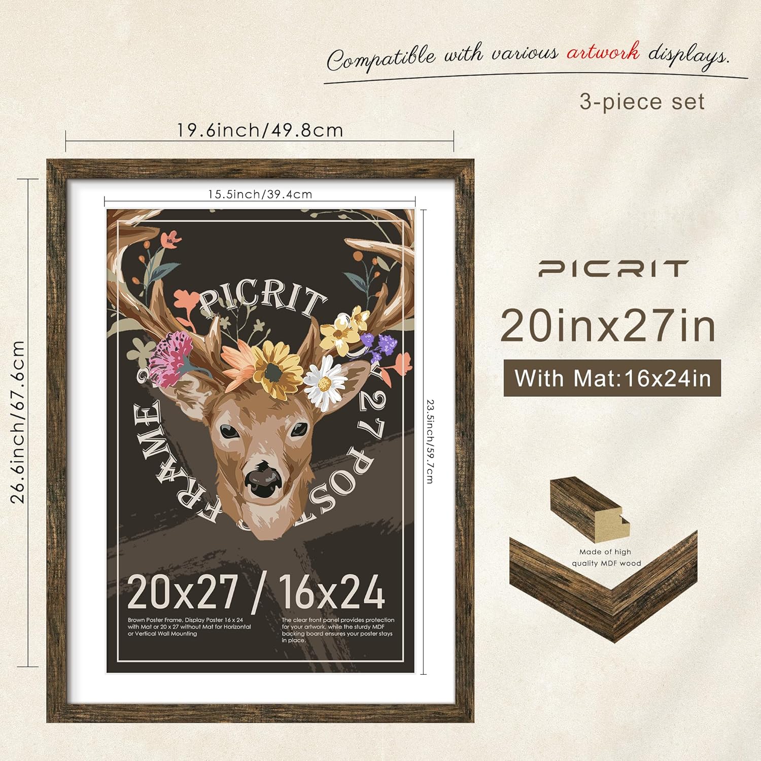 Detalle de Picrit 20x27 Picture Frame 3 Pack in Brown with Mat – Flexible Wall Display